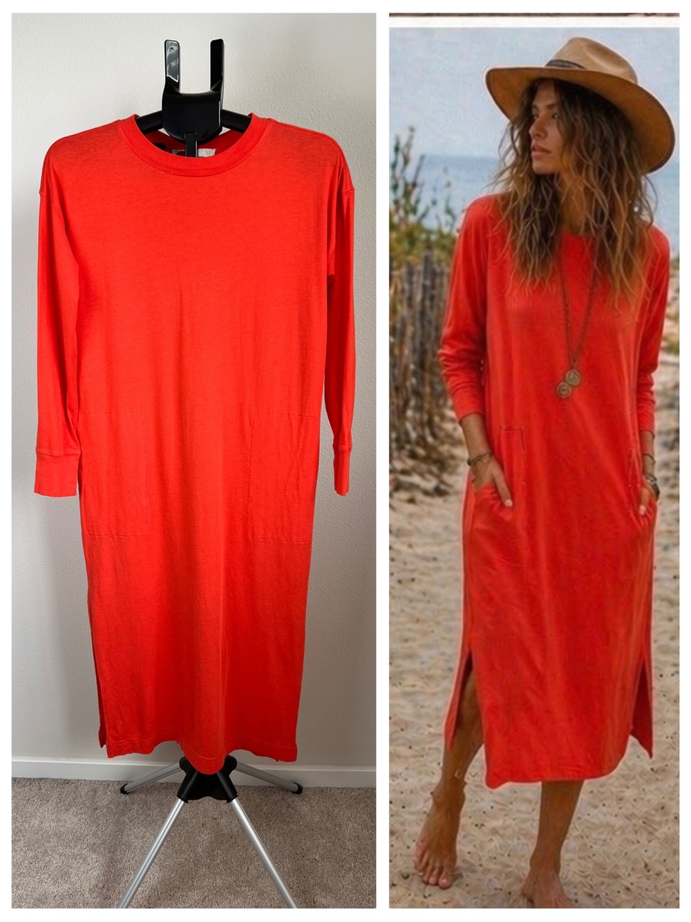 Free People Beach Minimalist Red Midi Dress XS Cotton‎ Modal Casual Resortwear